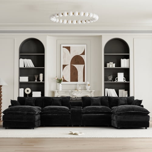 Howcool 145" U Shaped Cloud Couch Modular Sectional Couches for Living Room,Comfy Fluffy Corduroy Oversized Cloud Sectional Couch Large 6 Seat Sectionals Sofa Set Central Console USB Port,Black