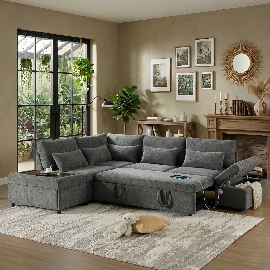 Howcool 107" Sleeper Sectional Sofa with Pull Out Bed, Modular L-Shaped Couch with Storage Chaise, USB Ports, Adjustable Armrests, Chenille Sofa，Gray