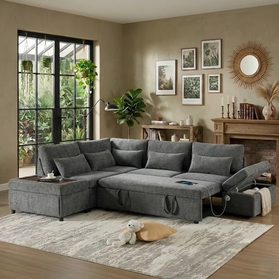 Howcool 107" Sleeper Sectional Sofa with Pull Out Bed, Modular L-Shaped Couch with Storage Chaise, USB Ports, Adjustable Armrests, Chenille Sofa，Gray