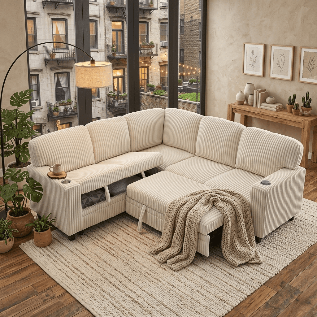 Howcool Modular Sectional Sleeper Sofa, 81" L-Shaped Oversized Cloud Couch with Pull-Out Bed, 5-Seat Corduroy Sofa with Storage Chaise, USB Charging and Cup Holders for Living Room Apartment,Beige