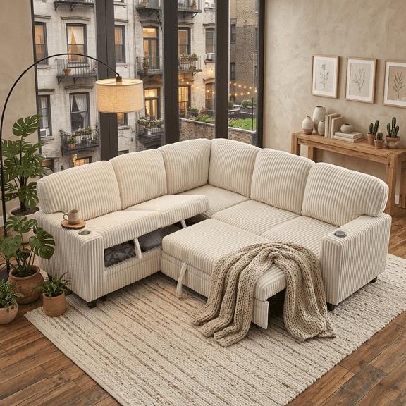 Howcool Modular Sectional Sleeper Sofa, 81" L-Shaped Oversized Cloud Couch with Pull-Out Bed, 5-Seat Corduroy Sofa with Storage Chaise, USB Charging and Cup Holders for Living Room Apartment,Beige
