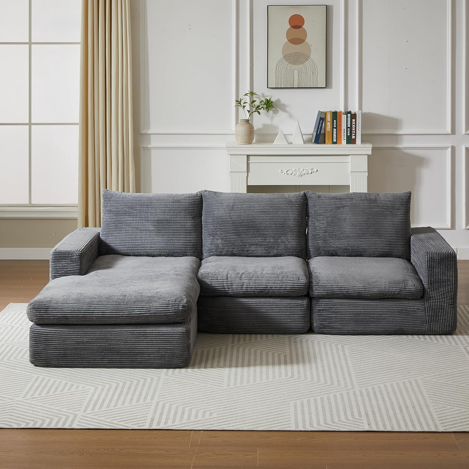 Howcool 99" Convertible Sectional Sofa Bed, L-Shaped Cloud Couch with Chaise, Corduroy Deep Seat Sleeper Sofa, No Assembly, for Small Space Living Room (Grey)
