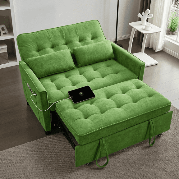 Convertible Sofa Bed,55" 3-in-1 Sleeper Sofa with Pull Out Bed,Sleeper Couch Loveseat with Adjustable Backrest,USB Charging Ports & Side Pockets for Living Room,Apartment,RV,Easy Assembly,Green
