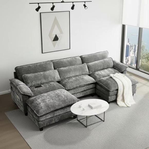 Howcool 113" Modular Sectional Sofa , 3 Seater U-Shaped Cloud Couch with Movable Ottoman, USB Charging Ports & Side Pockets, Sectional couchs for Living Room,Chenille Fabric,Grey