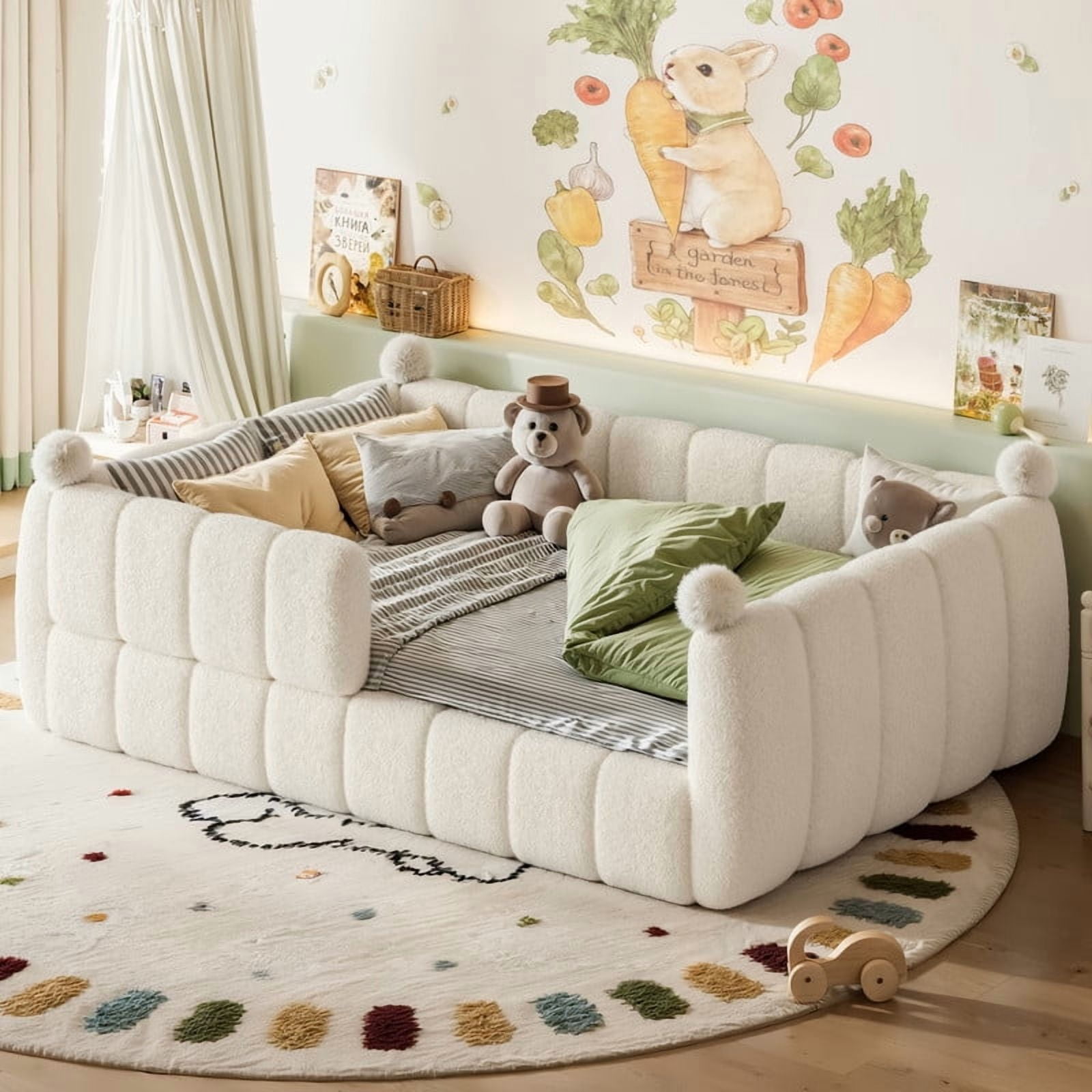 Howcool Montessori Upholstered Floor Bed,Full Size Low Toddler Bed with Full Surround Safety Rails, Beige