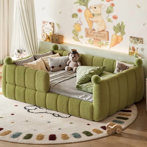 Howcool Montessori Upholstered Floor Bed,Full Size Low Toddler Bed with Full Surround Safety Rails, Green