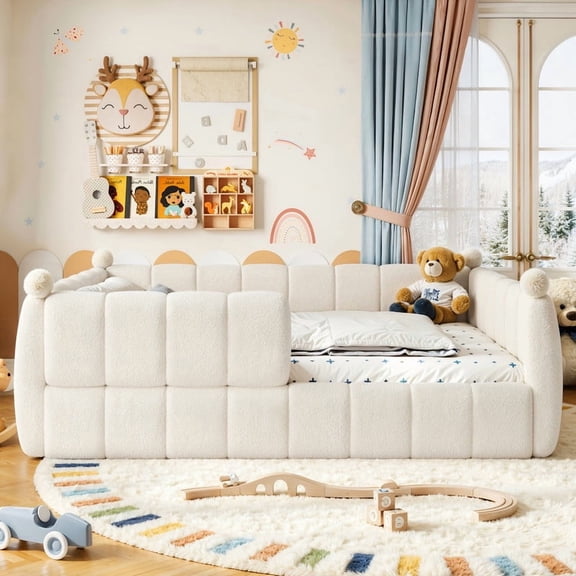 Howcool Montessori Upholstered Floor Bed,Queen Size Low Toddler Bed with Full Surround Safety Rails, Beige