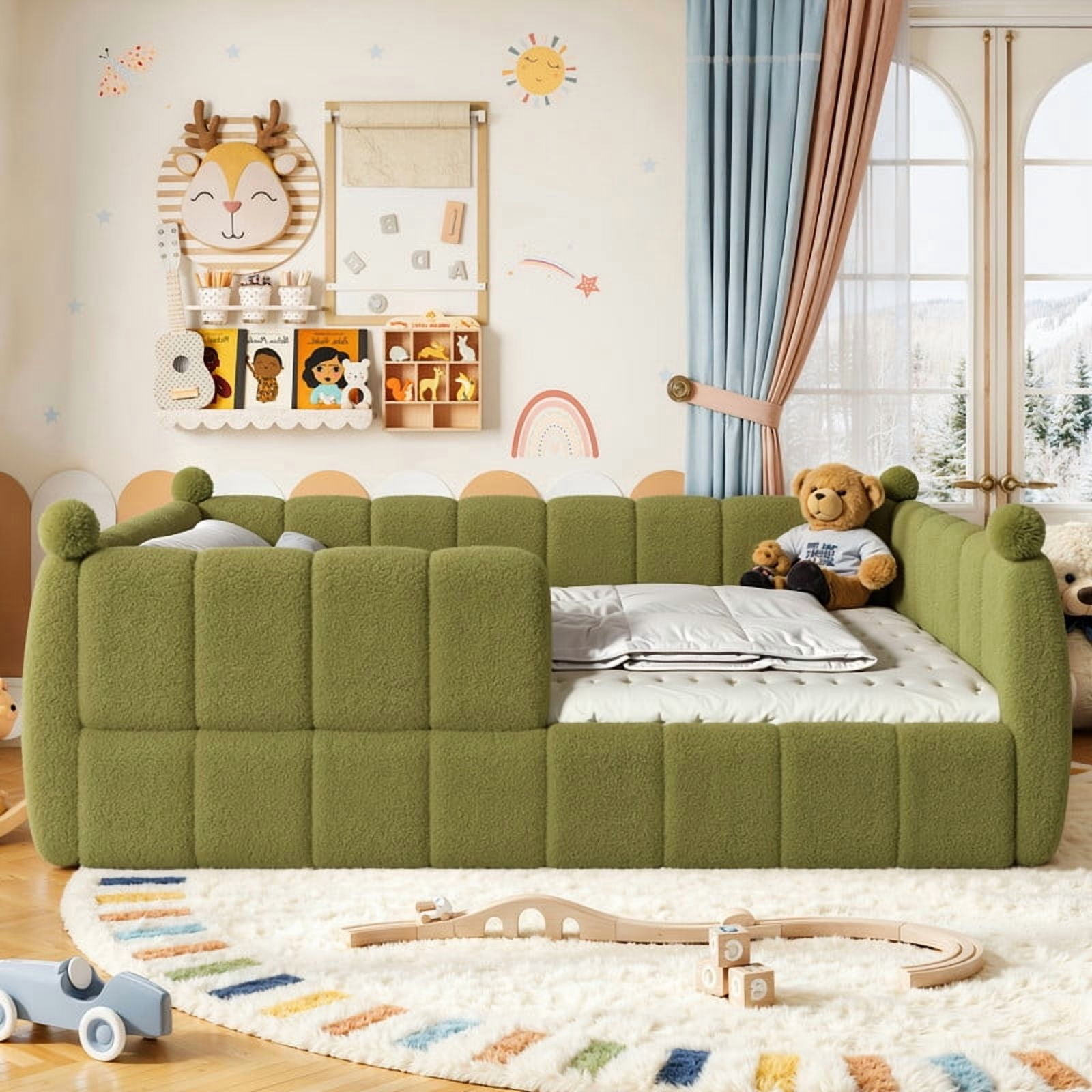Howcool Montessori Upholstered Floor Bed,Queen Size Low Toddler Bed with Full Surround Safety Rails, Green