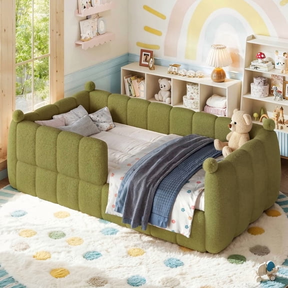Howcool Montessori Upholstered Floor Bed,Twin Size Low Toddler Bed with Full Surround Safety Rails, Green