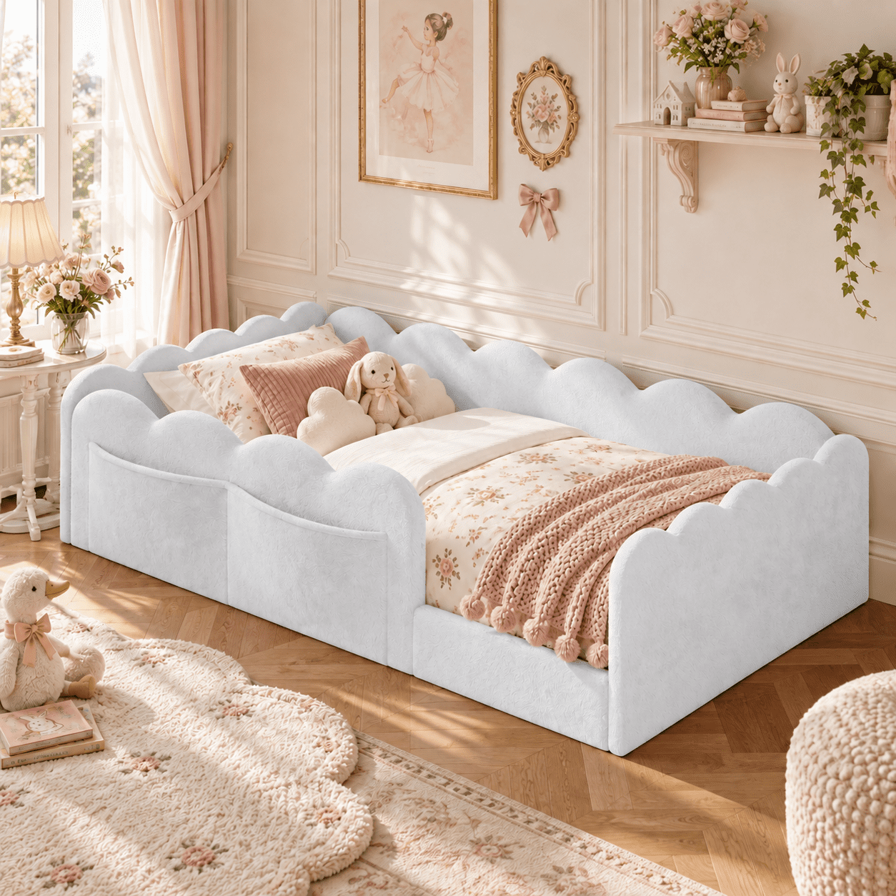 Howcool Montessori Upholstered Floor Bed with Soft Wave Guardrails,Twin Size Rabbit Plush Toddler Bed with Storage Pockets,Light Gray