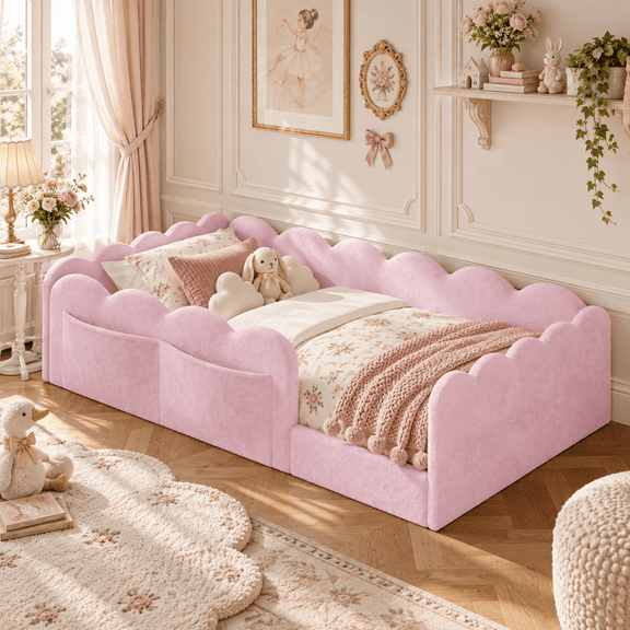 Howcool Montessori Upholstered Floor Bed with Soft Wave Guardrails,Twin Size Rabbit Plush Toddler Bed with Storage Pockets,Pink
