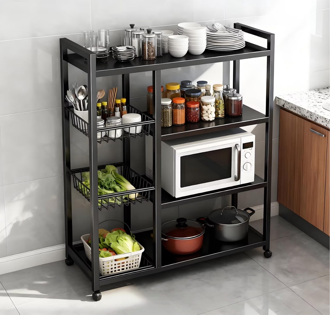 Howcool Movable Kitchen Rack w/ Wheels, Heavy-Duty 4-Tier Storage Cart ...
