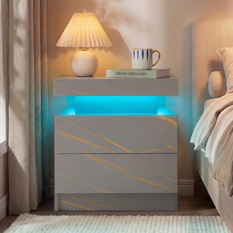 Howcool LED Nightstand, 2 Drawer Bedside Side Table with LED Lights for Bedroom Living Room