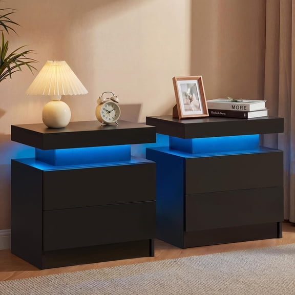 Howcool LED Nightstand Set of 2, 2 Drawer Bedside Side Table with LED Lights for Bedroom Living Room
