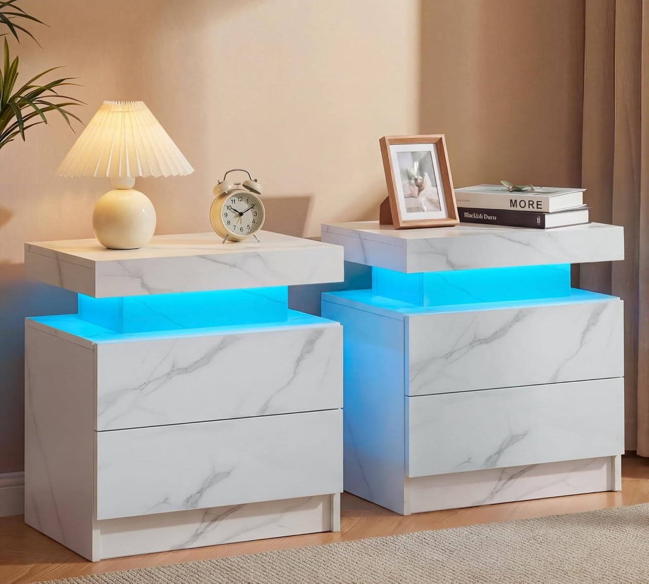 Howcool LED Nightstand Set of 2, 2 Drawer Bedside Side Table with LED Lights for Bedroom Living Room