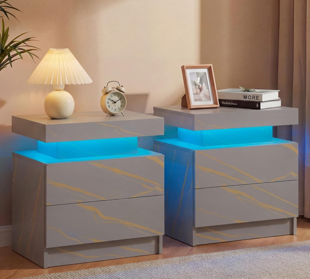 Howcool LED Nightstand Set of 2, 2 Drawer Bedside Side Table with LED Lights for Bedroom Living Room