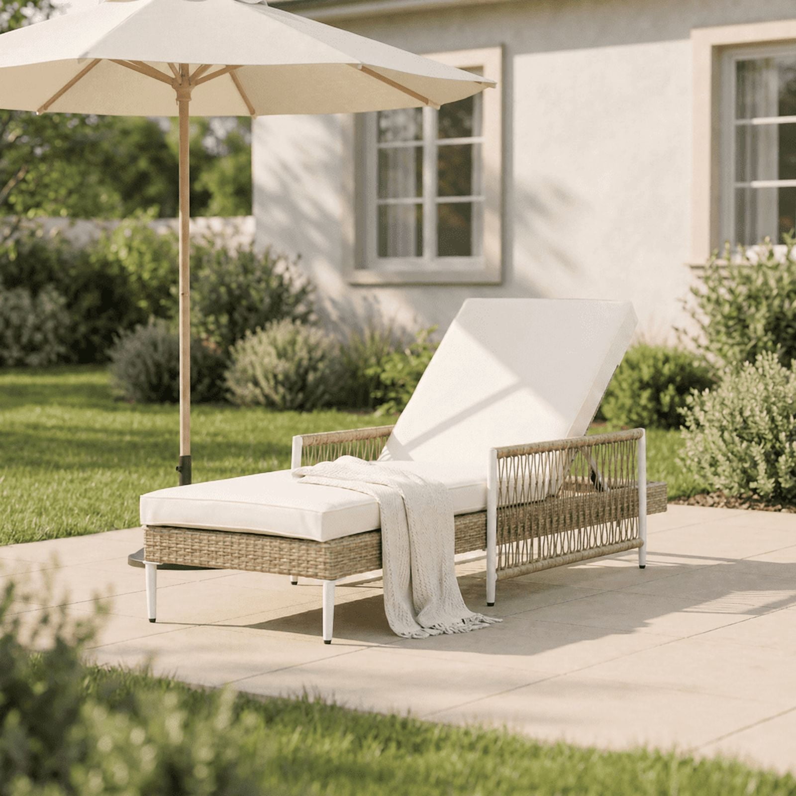 Howcool Outdoor All-Weather PE Rattan Chaise Lounge,Hand-Woven Wicker Patio Recliner with 6 Adjustable Positions, Armrests, Thick Cushion & Removable Cover,400 lbs Capacity,Beige
