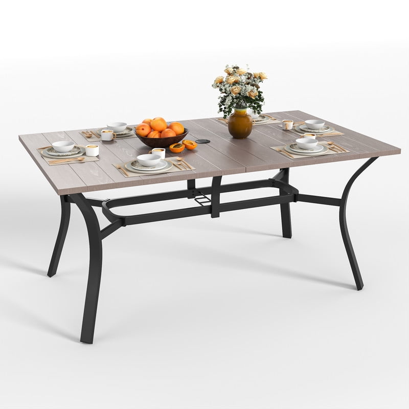 Howcool Outdoor Rectangular Dining Table w/ Imitation Wooden Tabletop, Iron Patio Table w/ Umbrella Hole