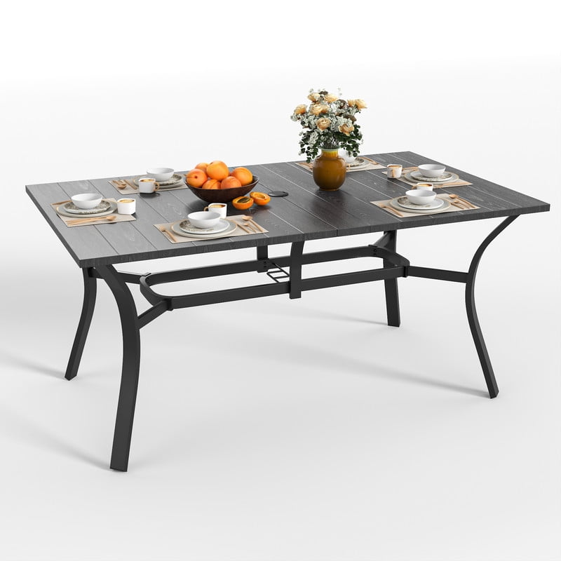 Howcool Outdoor Rectangular Dining Table w/ Imitation Wooden Tabletop, Iron Patio Table w/ Umbrella Hole