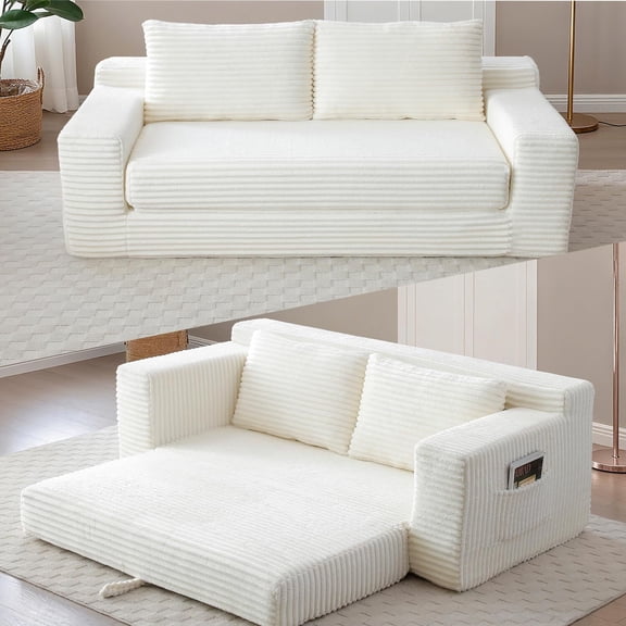 73" Boneless Loveseat Sleeper Sofa,2 in 1 Pull Out Convertible Corduroy Floor Couch with Side Storage Pockets & 2 Throw Pillows,Foldable Guest Couch for Living Room,No Assembly Required,Beige