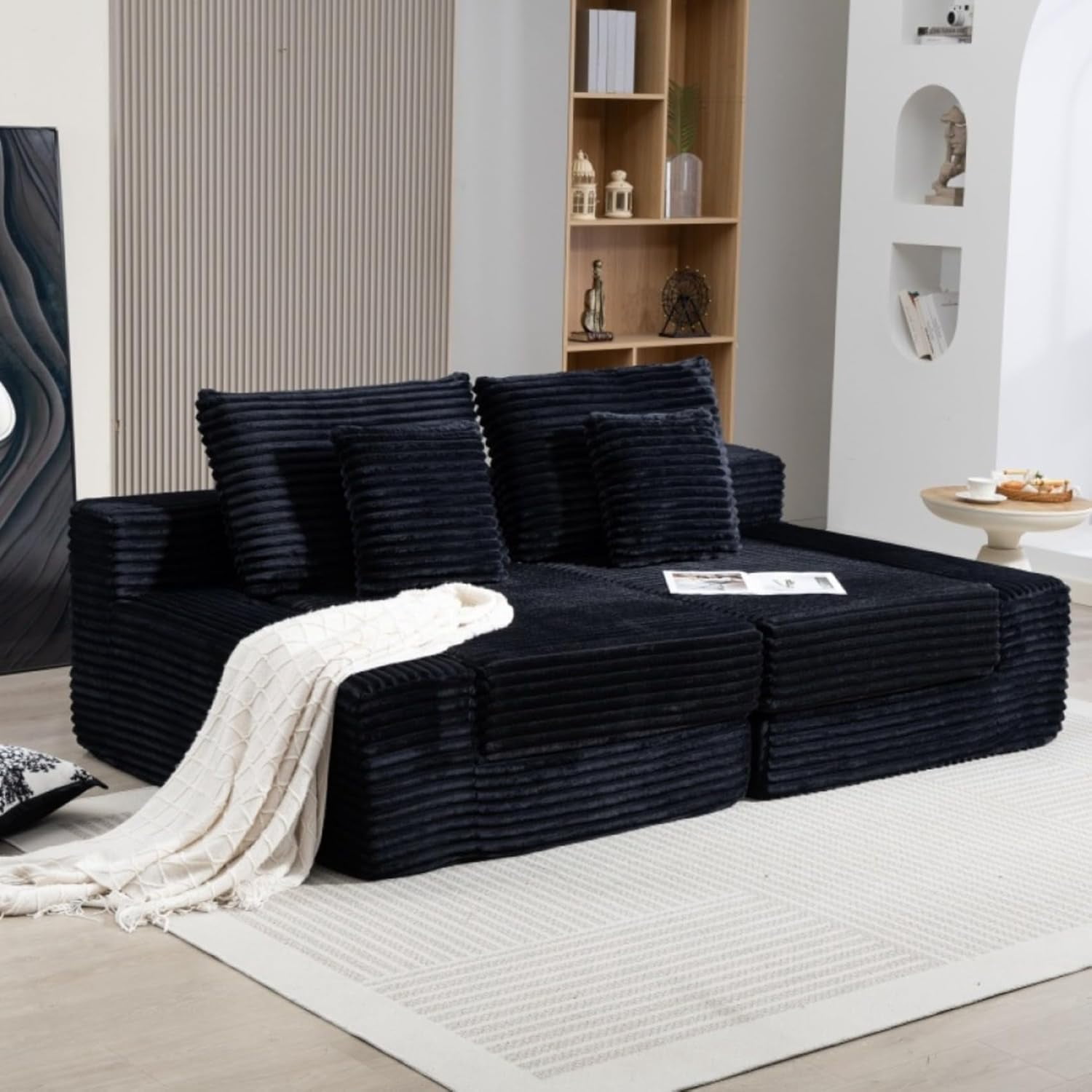 Howcool Convertible Sleeper Sofa Bed, Corduroy Double Chaise Lounge Couch, Deep Seat Boneless Cloud Foam Loveseat, Plush Floor Sofa, No Assembly, Vacuum Packed for Living Room Bedroom,Black