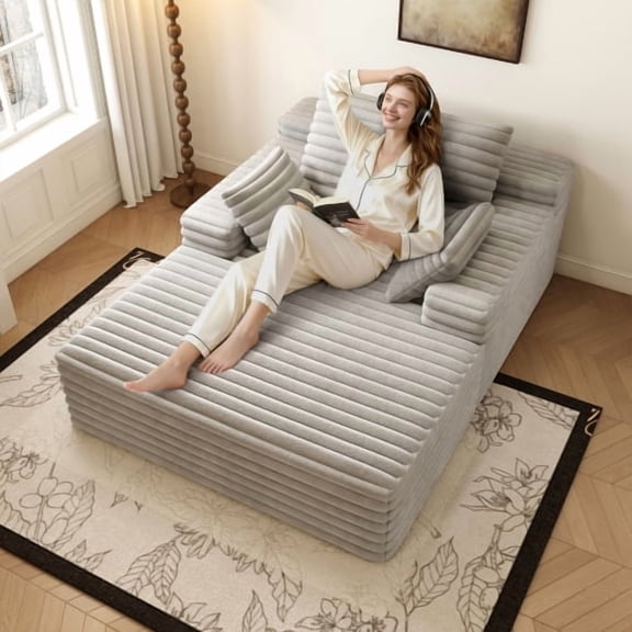 Howcool Chaise Lounge Chair Indoor, Corduroy Boneless Sofa Bed, Deep Seat Sleeper Couch Reading Chairs, Cloud Sofas Couches for Living Room, No Assembly Required Gray
