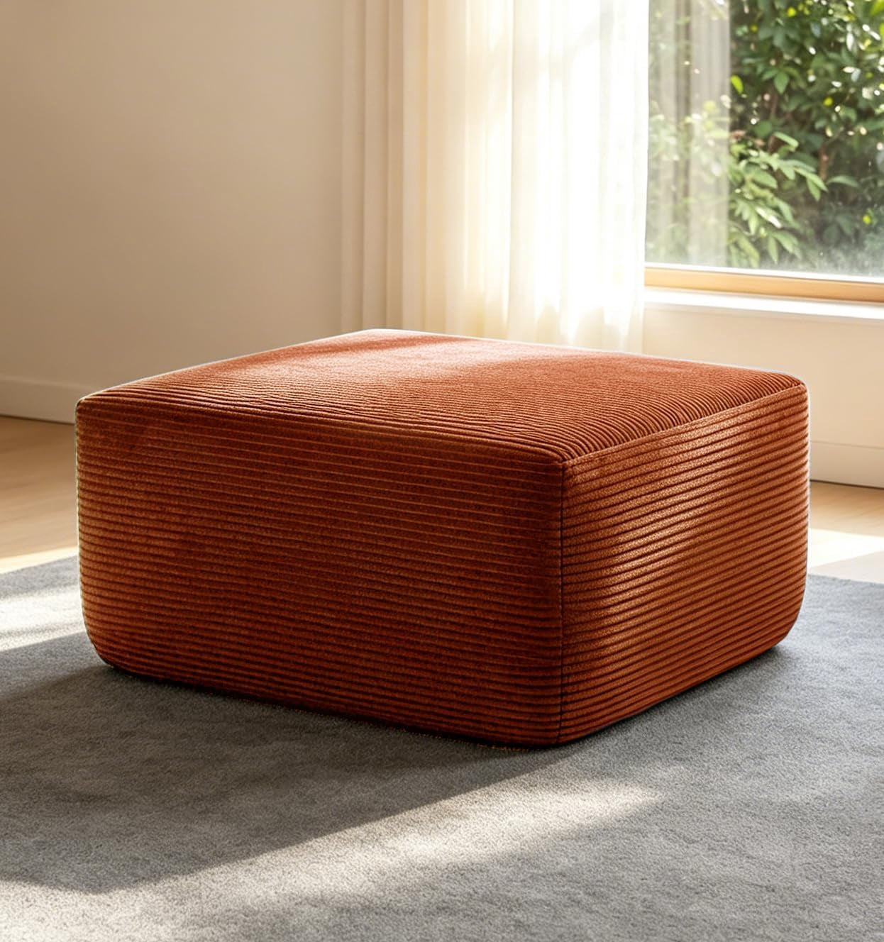 Howcool Oversized Corduroy Ottoman Bench for Living Room, Rectangle Plush Footrest Pouf, Extra Seating & Coffee Table for Sofa, Compressed Memory Foam, No Assembly Required, Orange