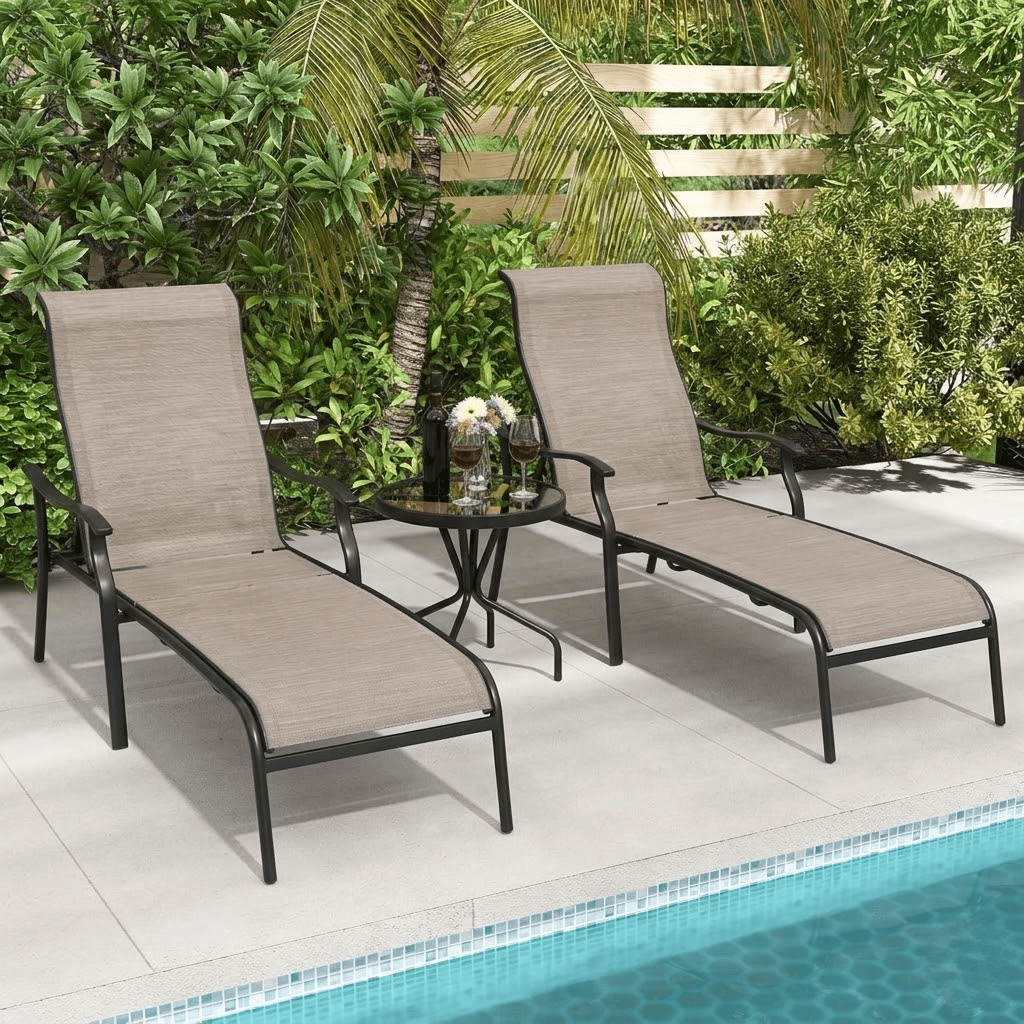 Howcool Patio Chaise Lounge 3 Pieces,Patio Lounge Chair with Glass Coffee Table,Pool Lounge Chair with Breathable Textilene Fabric for Patio Backyard Poolside (Brown)