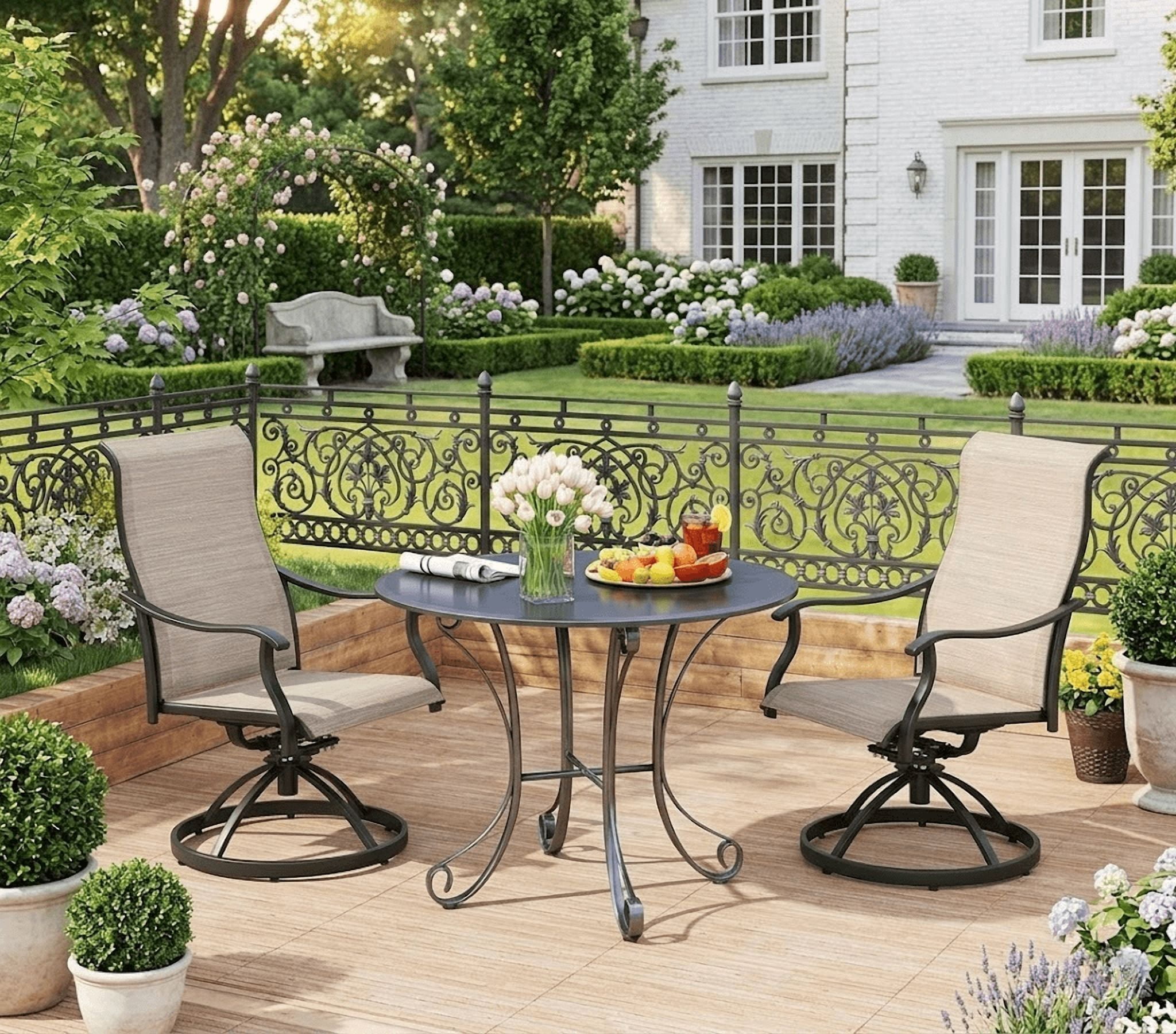 Howcool Patio Dining Chairs Set of 2, Outdoor Swivel Dining Chairs with High Back & Armrests, Breathable Textilene Patio Chairs, All-Weather Metal Frame for Backyard, Garden, Porch, Khaki