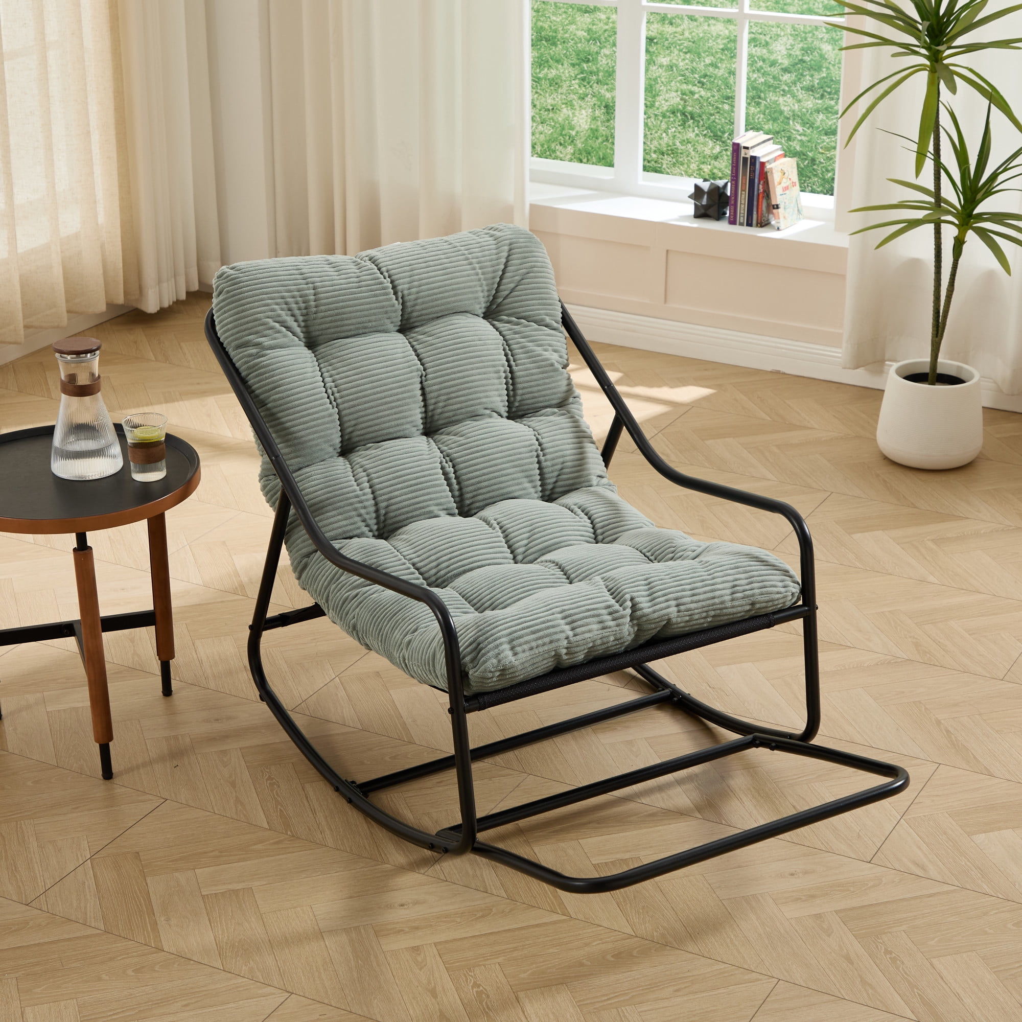 Howcool Patio Rocking Chair with Footrest & Cushion, Curved-Arm Glider Rocking Chair, Indoor Accent Chair