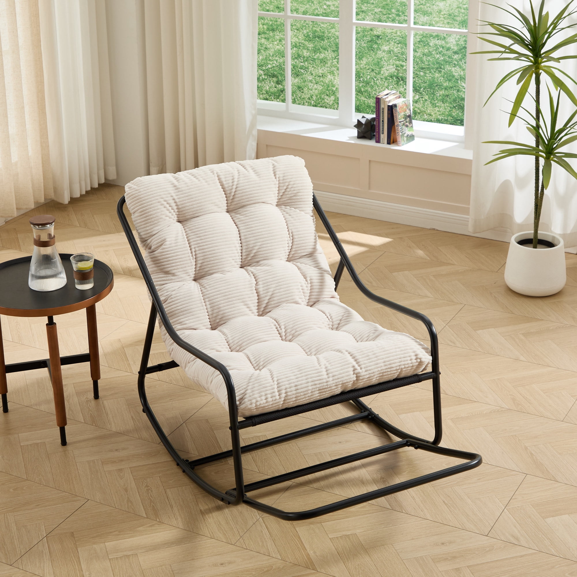 Howcool Patio Rocking Chair with Footrest & Cushion, Curved-Arm Glider Rocking Chair, Indoor Accent Chair