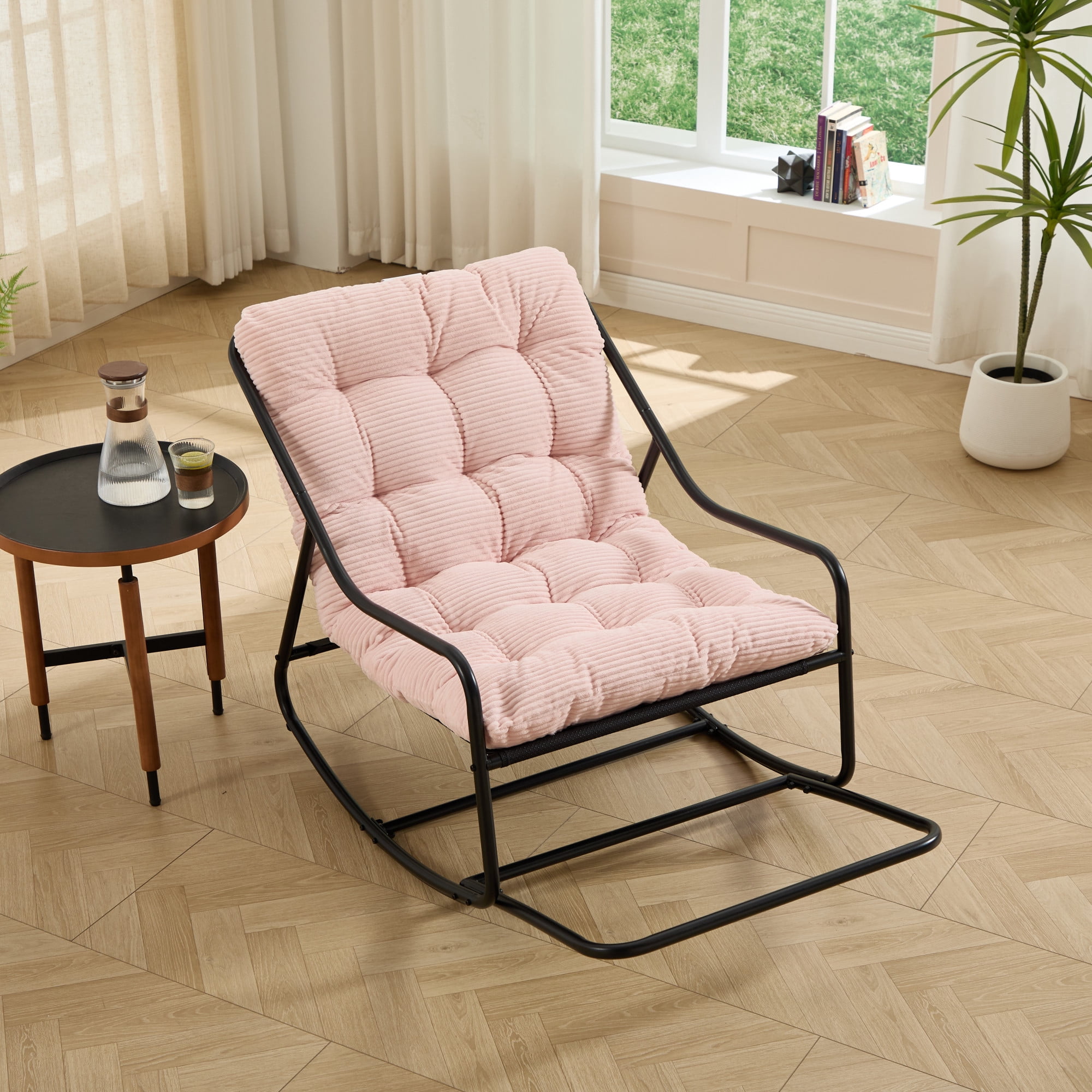 Howcool Patio Rocking Chair with Footrest & Cushion, Curved-Arm Glider Rocking Chair, Indoor Accent Chair