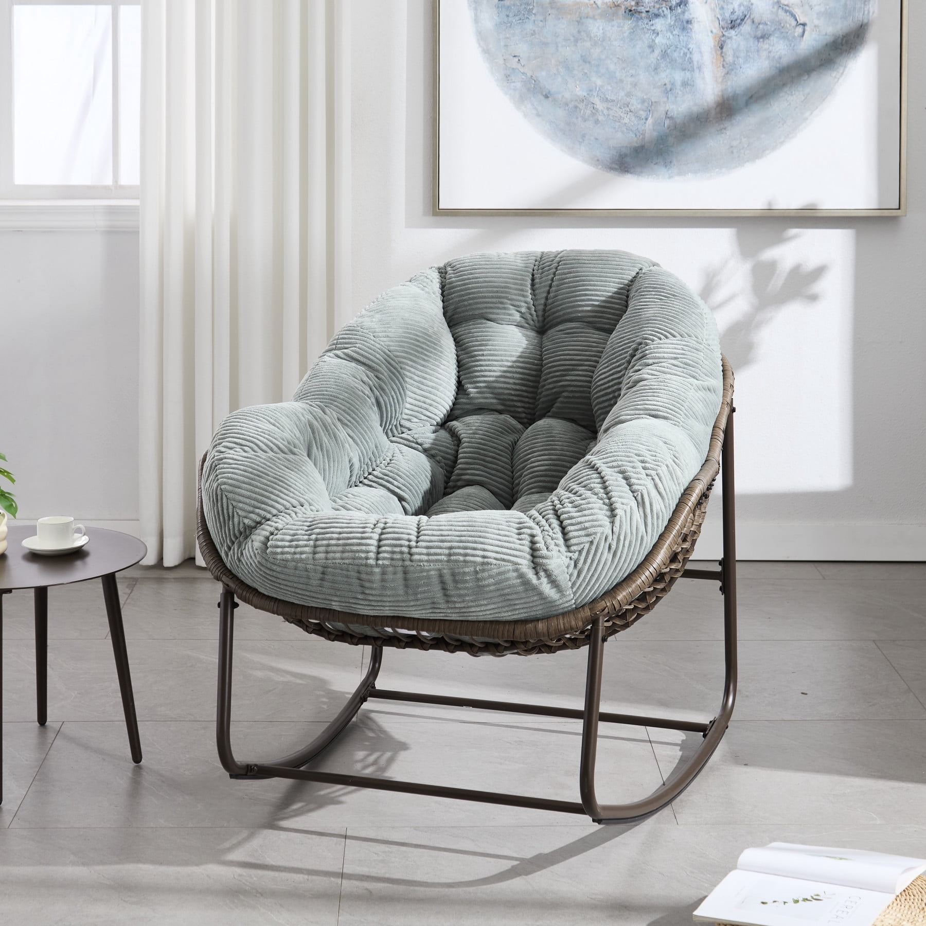 Howcool Patio Round Oversized Rocking Chair with Padded Cushion, Papasan Rattan Recliner Armless Chair