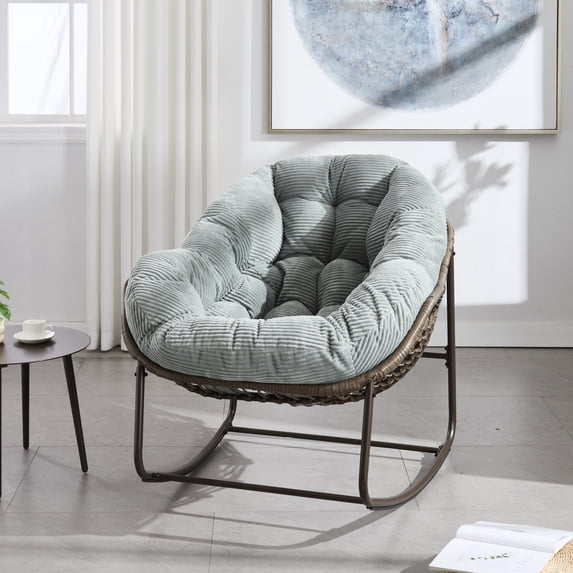 Howcool Patio Round Oversized Rocking Chair with Padded Cushion, Papasan Rattan Recliner Armless Chair