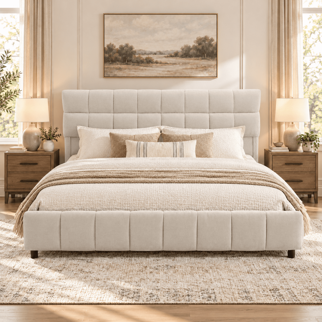 Howcool Queen Size Upholstered Platform Bed Frame with 4 Storage Drawers,Tufted Headboard,Chenille Low-profile Bed with Wooden Slats,No Box Spring Needed,Beige
