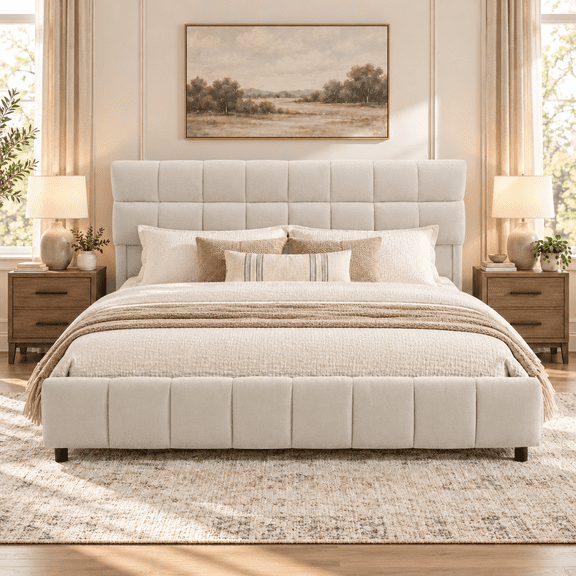Howcool Queen Size Upholstered Platform Bed Frame with 4 Storage Drawers,Tufted Headboard,Chenille Low-profile Bed with Wooden Slats,No Box Spring Needed,Beige
