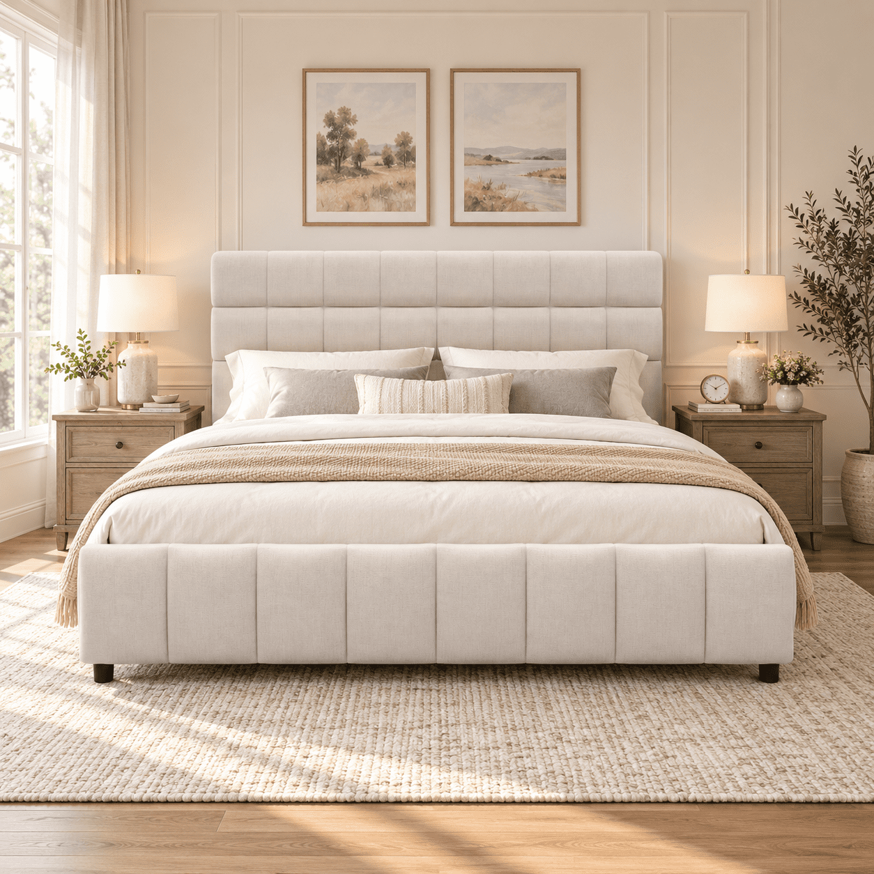 Howcool Queen Size Upholstered Platform Bed Frame with 4 Storage Drawers,Tufted Headboard,Linen Low-profile Bed with Wooden Slats,No Box Spring Needed,Beige