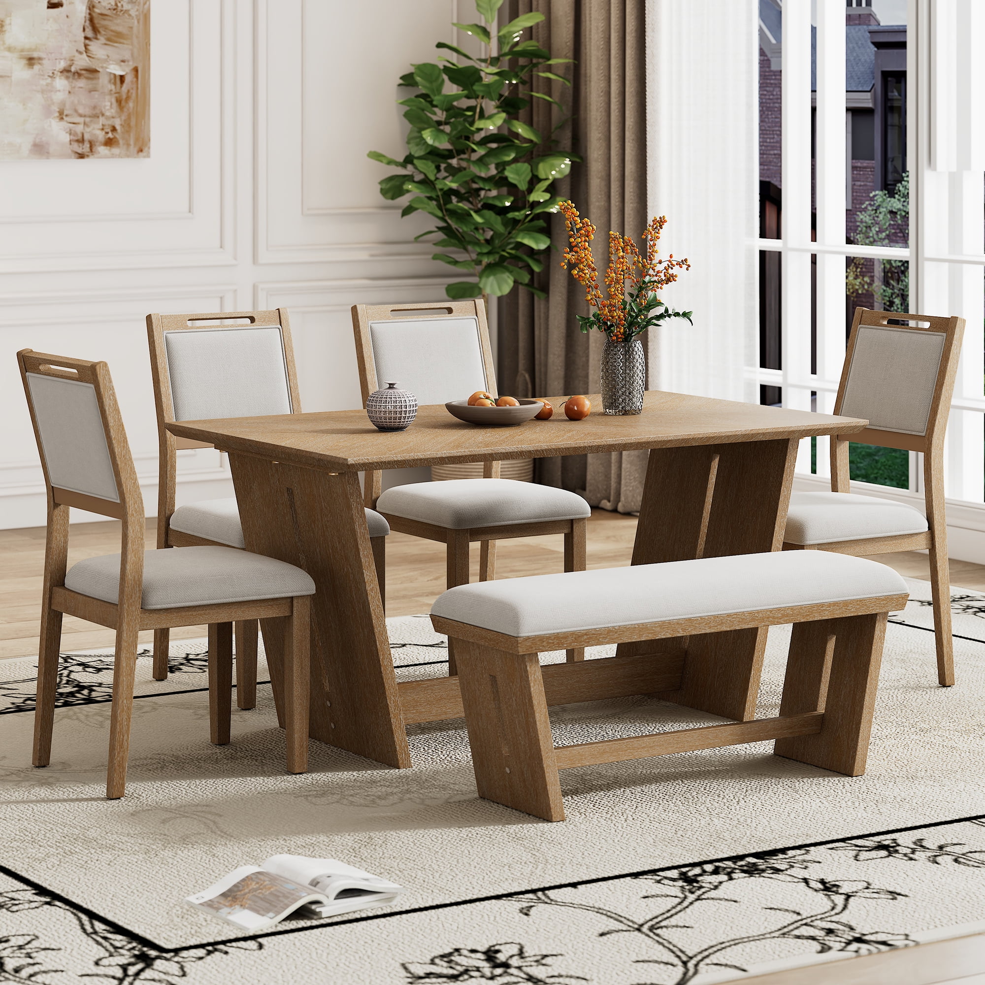 Howcool Retro 6-Piece Dining Set, 60" Wood Table, Trestle Base, 4 Chairs & Bench, Natural Wood Wash