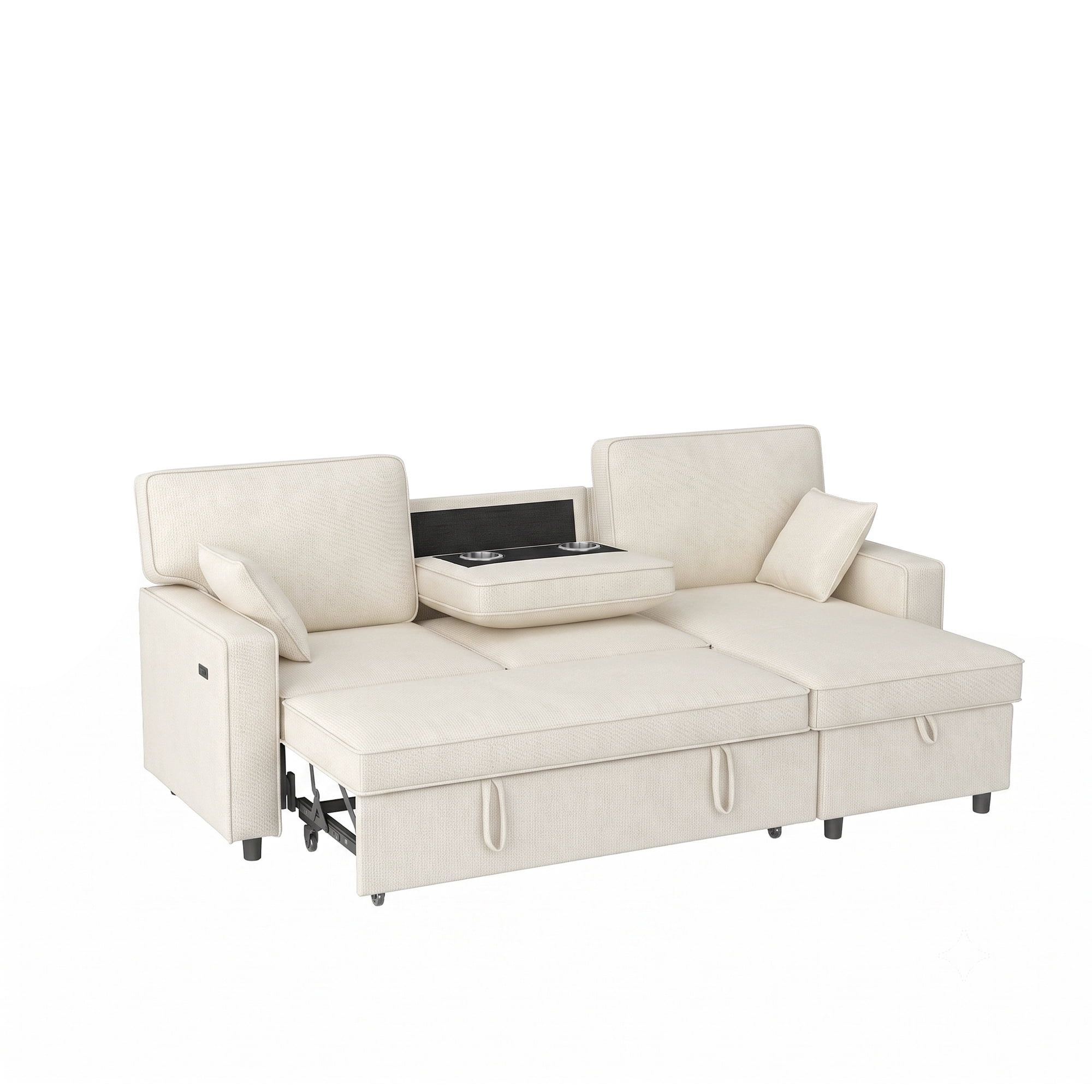 Sectional Sleeper Sofa,L Shaped Chenille Convertible Sofa Bed 89" 3 Seater with Flip-Down Center Console & USB Charging Ports,Pull Out Couch for Living Room Apartment Office,Beige