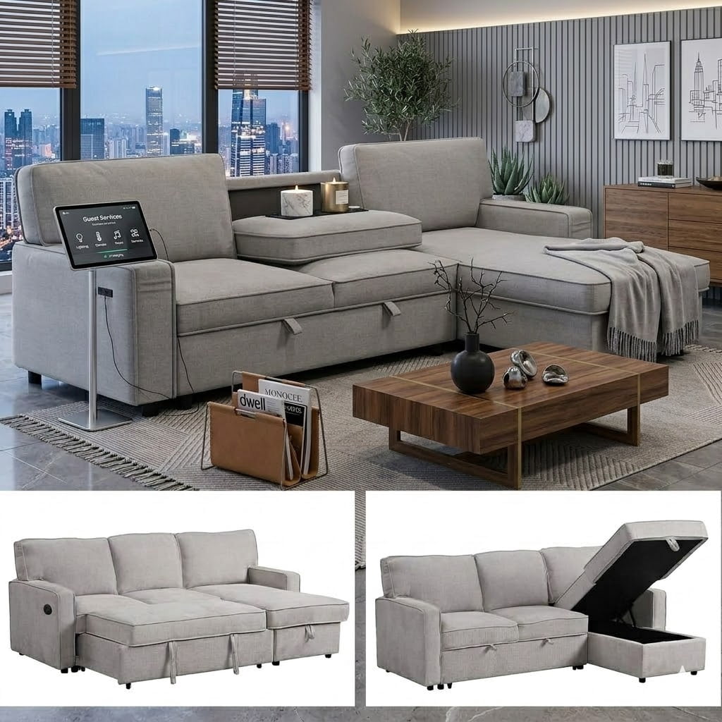 Howcool Sectional Sleeper Sofa,L Shaped Chenille Convertible Sofa Bed 89" 3 Seater with Flip-Down Center Console & USB Charging Ports,Pull Out Couch for Living Room Apartment Office,Light Grey