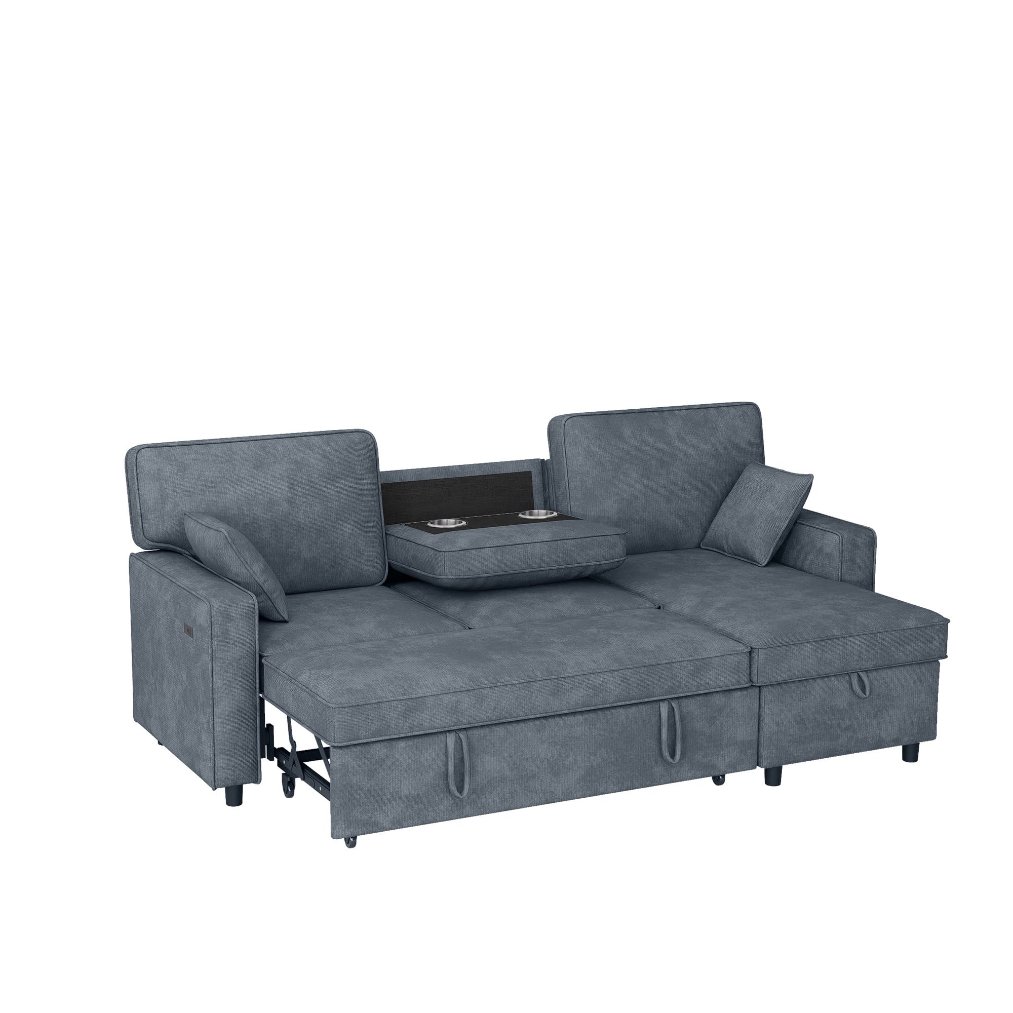 Howcool Sectional Sleeper Sofa,L Shaped Chenille Convertible Sofa Bed 89" 3 Seater with Flip-Down Center Console & USB Charging Ports,Pull Out Couch for Living Room Apartment Office,Blue