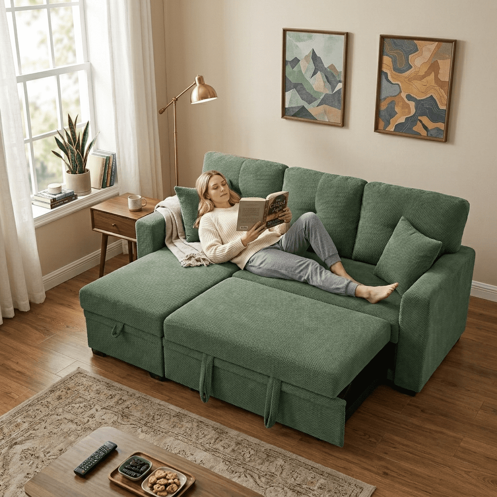 Howcool Sectional Sleeper Sofa with Pull-Out Bed,Reversible Storage Chaise,L-Shaped Convertible Couch for Small Living Room,Dark Green,Coffee Bean