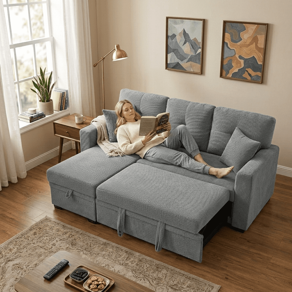 Howcool Sectional Sleeper Sofa with Pull-Out Bed,Reversible Storage Chaise,L-Shaped Convertible Couch for Small Living Room,Light Gray,Coffee Bean