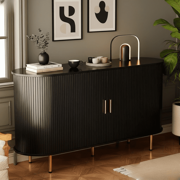 Howcool 55" Credenza Sideboard Buffet Cabinet, Mid-Century Modern Fluted Arched Console with Tambour Sliding Doors & Adjustable Shelf for Dining, Living Room, Kitchen & Entryway, Black