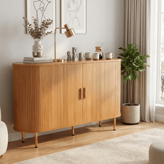 Howcool 55" Credenza Sideboard Buffet Cabinet, Mid-Century Modern Fluted Arched Console with Tambour Sliding Doors & Adjustable Shelf for Dining, Living Room, Kitchen & Entryway,Yellow Walnut