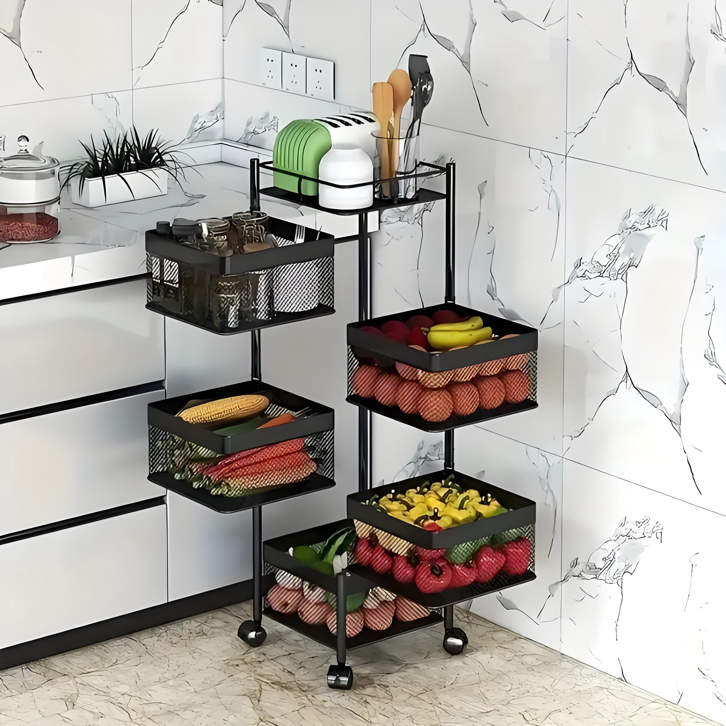 Howcool Square 5-Tier Rotating Kitchen Organizer, Heavy-Duty Metal Rolling Storage Cart with Wheels