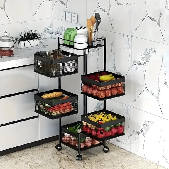 Howcool Square 5-Tier Rotating Kitchen Organizer, Heavy-Duty Metal Rolling Storage Cart with Wheels
