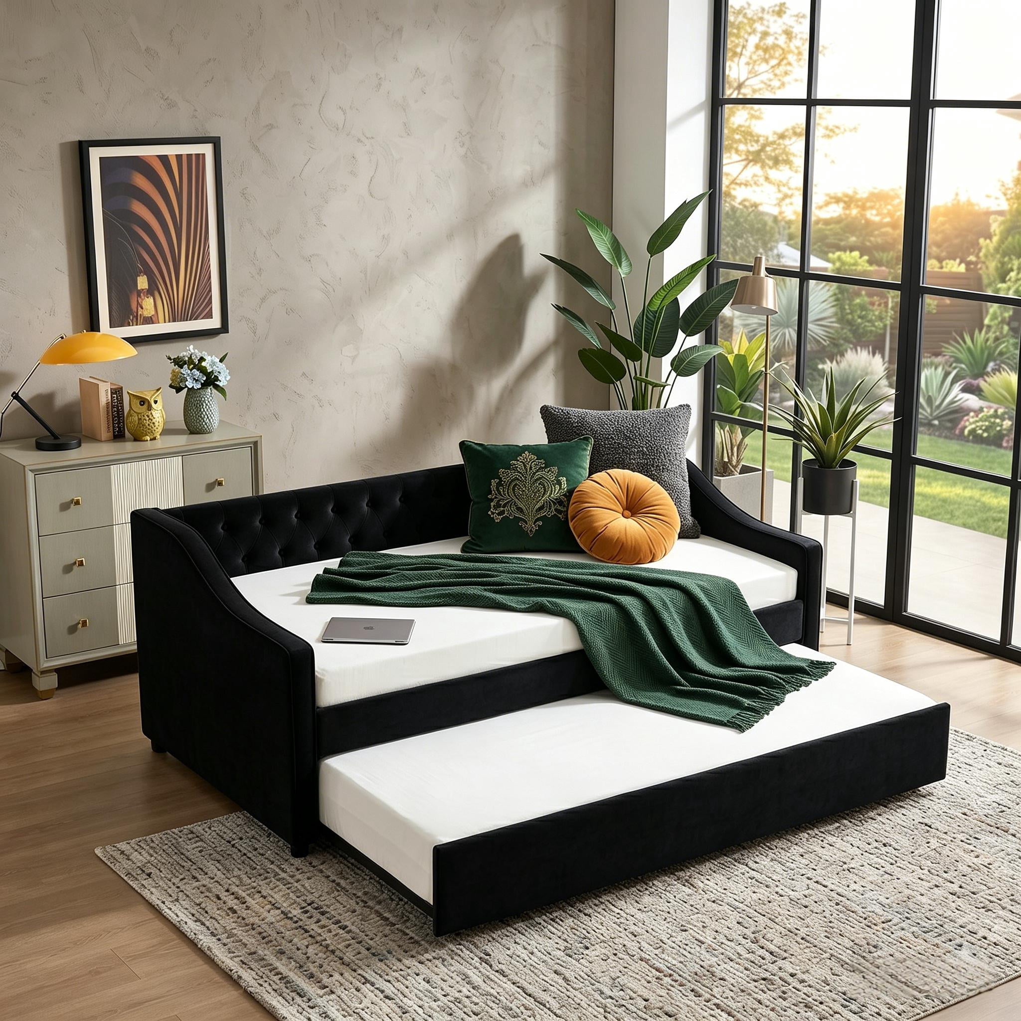 Howcool Twin Size 3-in-1 Velvet Daybed with Trundle, USB Port & Side Pockets, Maximum Load Weight 250lb, Button-Tufted for Bedroom Guest Room