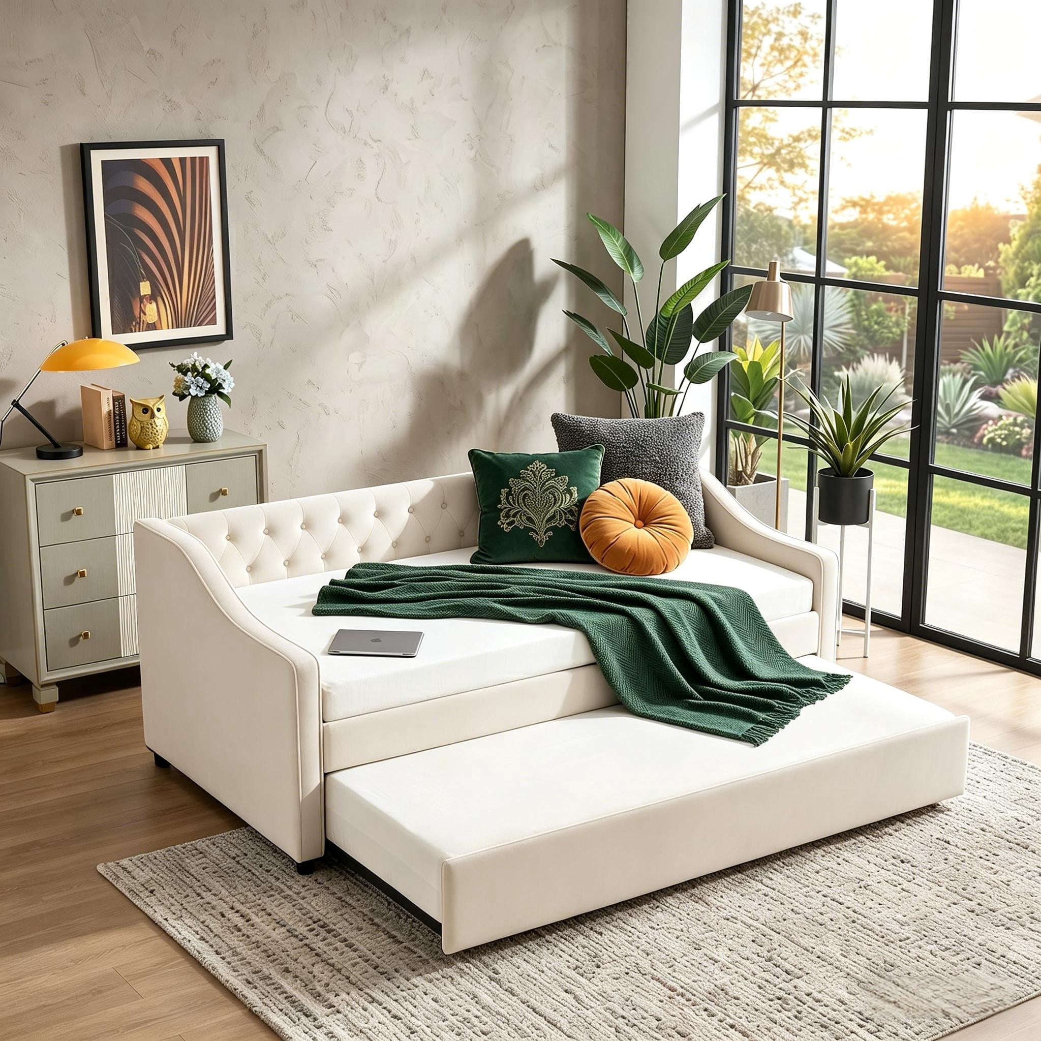 Howcool Twin Size 3-in-1 Velvet Daybed with Trundle, USB Port & Side Pockets, Maximum Load Weight 250lb, Button-Tufted for Bedroom Guest Room
