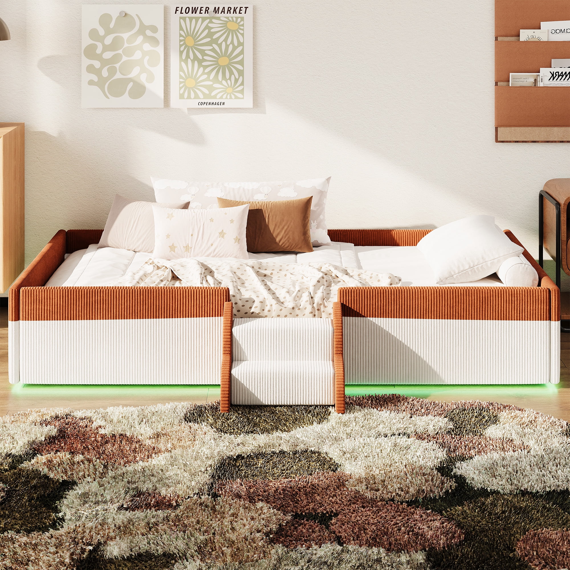 Howcool Twin Size Corduroy Upholstered Floor Bed with Fence and Smart LED Lights,2-Tier Steps Platform Bed Frame,Brown+White